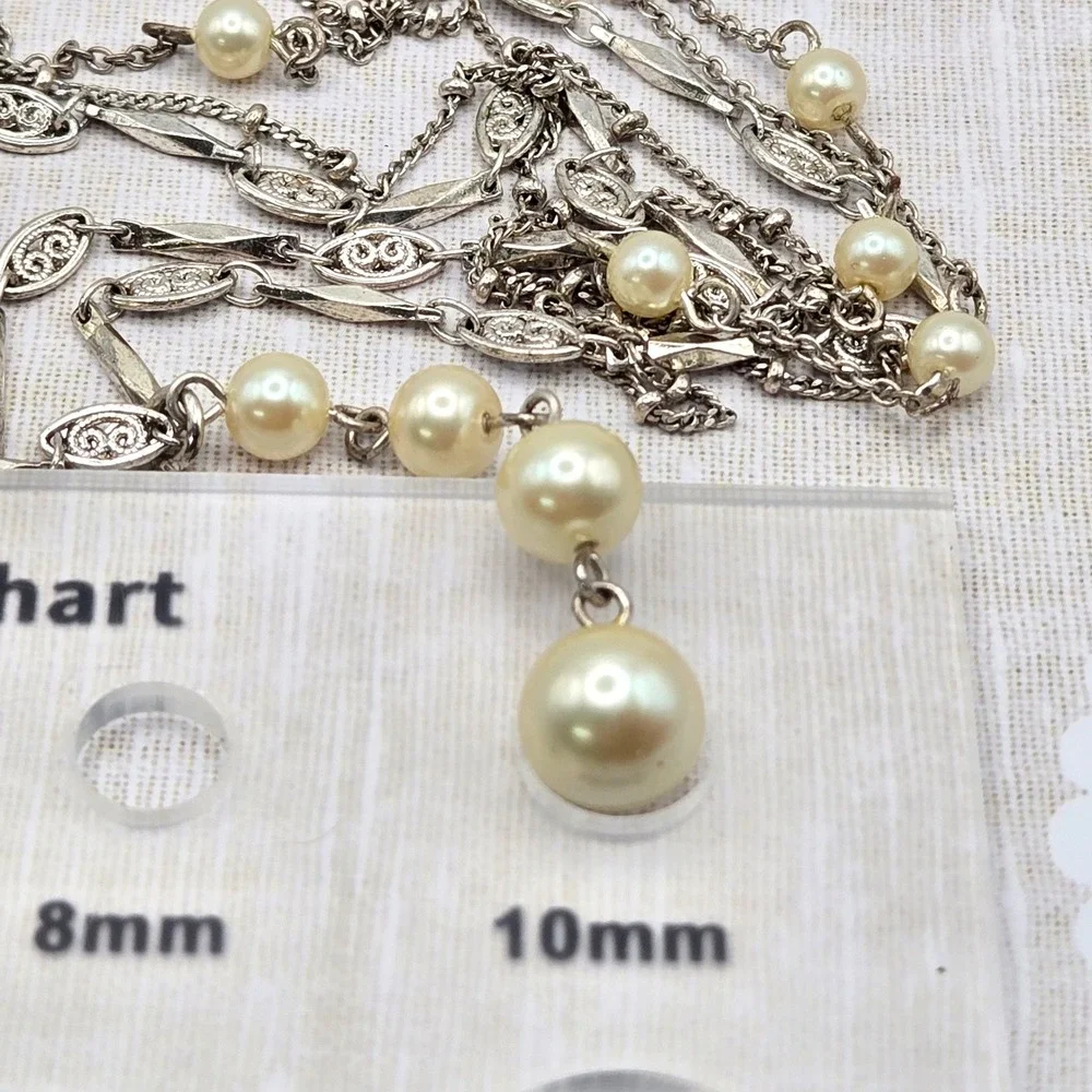 Vintage Style Silver Tone Multi Strand Glass Faux Pearl Y-Drop Filigree Necklace